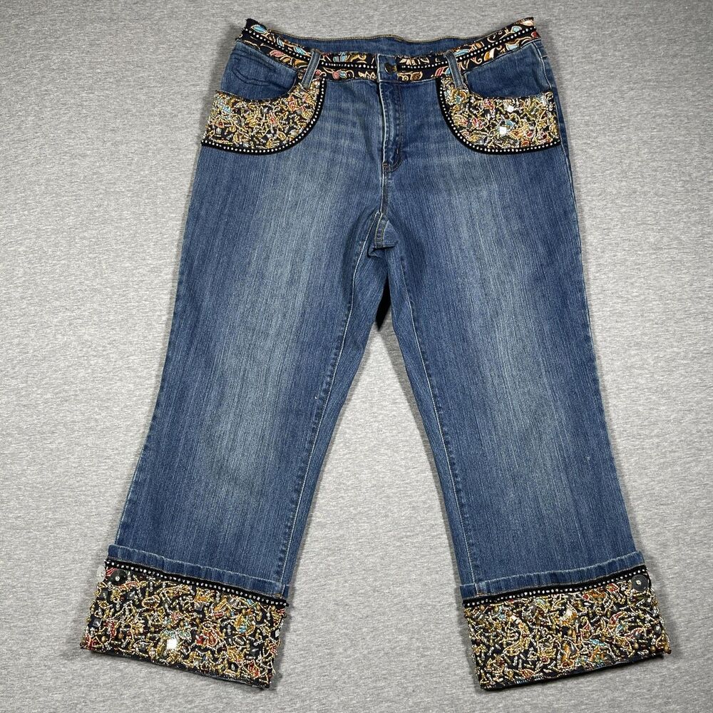 A.Z.I Jeans Womens 14 Blue Cropped Relaxed Beaded Embellished Rhinestone Cuffed
